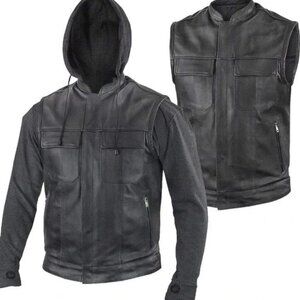 Xelement Convertible Men's ' Black Leather Motorcycle Hoodie Jacket/Vest XL